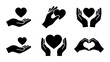 © Jahidul - Minimalist heart and hands icon set, 6 black vector silhouettes for charity and care, human hands holding heart symbols for love and support