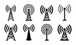 © Lamiya - Radio tower icon set with 8 vector elements, telecommunication antenna symbols, wireless signal transmitter signs, cellular network broadcast towers
