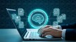 © Hiskia - Futuristic perspective of professional hands typing on a laptop integrating artificial intelligence for automated document analysis and big data processing in a glowing blue digital environment.