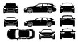 © Deviantosarman - Station Wagon Car Silhouettes: Front, Side, Rear, Top Views - Black on White