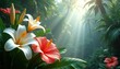 © Lubov - Exotic tropical flowers bloom in a misty rainforest with sunbeams breaking through palm trees. Lush green foliage creates a serene natural setting full of vibrant flora and beauty.