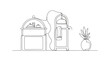 © Hendrik - Minimalist Line Art: Hotel Bellhop Cart, Luggage Trolley, and Plant