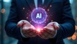 © Saleahmed - A businessman in a suit holds his hands out to showcase a glowing purple AI logo with a futuristic design photorealistic raw image