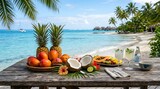 Sajian Buah Tropis Segar di Meja Kayu dengan Pemandangan Pantai Bora Bora yang Eksotis