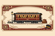 © Sami - Vintage Train Ticket Template featuring Ornate Passenger Carriage, Luggage, Conductor Hat, and Decorative Borders. Retro Railway Travel Illustration for Invitations, Posters, and Graphic Design.