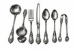 © Ricky - Vintage Silverware Collection in Monochrome Woodcut Style Featuring Ladle, Tea Strainer, Fork, Knife, Spoons, and Sugar Tongs. Antique Engraved Cutlery Set Illustration for Kitchen Decor and Menu.