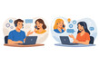 © Kayden - Set of two vector illustrations of customer care service agents. A man and a woman wearing headsets talk to clients on the phone while using laptops for technical support and online assistance.