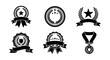 © Anika - Vintage award badges and laurel wreaths set, black trophy medals with ribbons and stars, 6 vector seal icons for certification and achievement