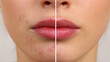 © Mehran - Lip care. Woman with chapped and dry skin before and healthy skin after moisturizing treatment, collage
