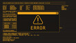 © ikonstudio - Realistic monochrome amber CRT monitor with horizontal scanlines and big error message window. Yellow color font and realistic hacking UI program on computer with code and ASCII.