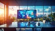 © Saim - 'Modern office with digital world map, global network icons, cityscape sunset, symbolizing international collaboration, connectivity, and innovation.'