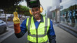 © Krakenimages.com - Man welder wearing welding helmet, earmuffs and high visibility vest pointing with gloved hand on street storefront scene; pride duty.