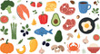 © Vector Design Hub - Healthy food collection with vegetables fruits meat fish eggs and coffee balanced diet ingredients vector illustration