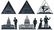 © mas - Stylized graphical illustration featuring government buildings, triangular designs, and business people