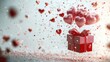 © Anastasiya - Romantic pastel pink present with flowing red hearts and glitter, magical falling love confetti ideal for Valentine's greeting cards and invitations