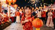 © Vitalii - Smiling child in traditional red silk clothing holding a glowing paper lantern during a Chinese New Year festival. High-key