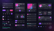 © 24 std - Glassmorphism Music App UI Kit in Neon Style. UI elements for music and media app featuring player cards, buttons, icons, bars, widgets, sliders, audio player, toggles. Vector interface components