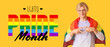 © Pixel-Shot - Young man with LGBT flag making heart gesture on yellow background