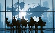 © Ferdinan - Silhouetted team meeting in front of a global map on a window overlooking a city skyline