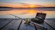 © Alpha - A vintage fishing rod and wooden tackle box sit on a rustic pier beside a calm lake at sunrise, reflecting a peaceful outdoor adventure, nature, activity, box