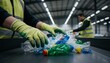 © Varos - A worker in a high-visibility vest sorting plastic bottles on a conveyor belt in a recycling facility.
