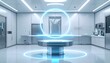 © Nurita - A futuristic medical technology room with a glowing blue circular device on a table.