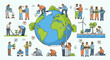 © loma - Diverse people engaging in various environmental conservation activities around a large globe, illustrating sustainability and community efforts.