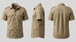 © tr144 - Khaki safari shirt with short sleeves and multiple pockets, shown from front, side, and back views.
