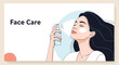 © Maruf - Beautiful woman applying facial spray for skin hydration and refreshment during her daily face care beauty routine at home.