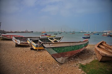  Wooden boats on the sandy beach in Mindelo, Cape Verde