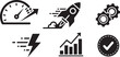 © Rokeya - Business growth icons, speedometer, rocket, gear, chart, vector symbols