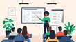 © Samira - Professional teacher uses a whiteboard and charts to lead an educational presentation for a diverse group of focused students.