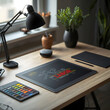 © mmimood - Modern workspace featuring a digital graphic tablet with Labor Day illustration on wooden desk with desk lamp and plant for creative professional concept