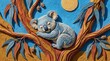 © Natalia - Sleeping Koala on a Colorful Tree Koala Tree Sculpture Relief Art Colorful Nature Wildlife. Concept featuring koala, tree, sculpture, relief art, colorful for professional commercial design.