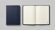 © Itx Musa - Premium dark blue leather notebook mockup set, closed journal with elastic band, open diary with blank cream pages, professional stationery, elegant office supplies, luxury minimalist paper book