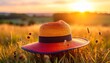 © ruangrit19 - A colorful straw hat resting in a golden field during a beautiful sunset representing summer vacation freedom and outdoor travel lifestyle bliss.