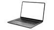 © ATIQULISLAM - Modern silver laptop computer open with a blank screen displayed on transparent background with grid pattern and copy space for design elements and content creation applications business office