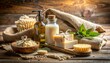 © ruangrit19 - Natural spa and wellness set with handmade soap bars bottles of lotion scrub and exfoliating brushes on a rustic wooden background for skin care.