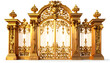 © Kacamata - An ornate, golden gate with intricate carvings and decorative elements stands prominently against a clean white background, showcasing a luxurious and classical design.