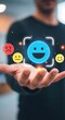 © KB Kalmati - Human hand holding vibrant feedback emojis with scanning frames to illustrate digital sentiment tracking and consumer satisfaction metrics.