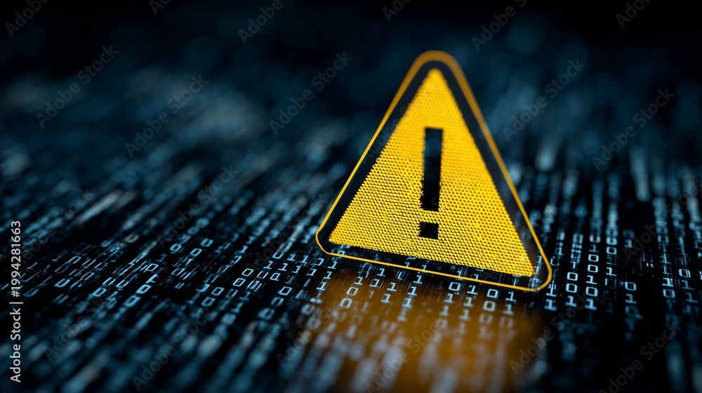Yellow warning triangle on code background symbolizing cybersecurity ...