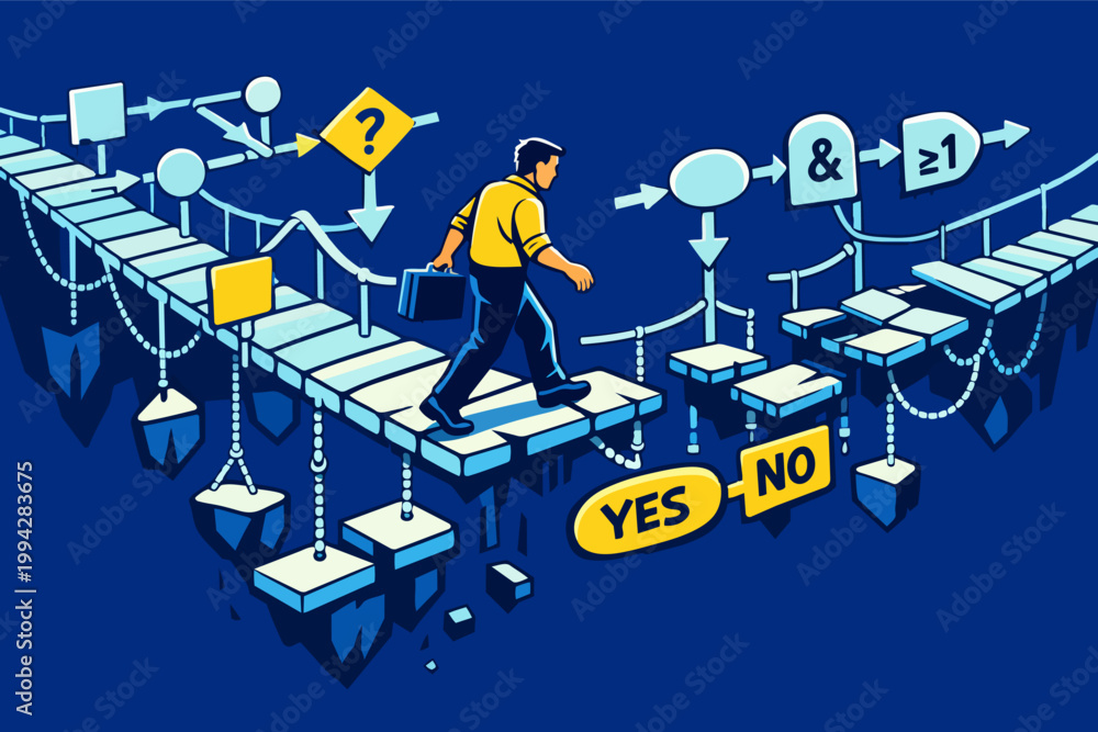Businessman navigating a complex flowchart bridge, making decisions and ...
