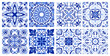 © klyaksun - Greek mosaic tile pattern with traditional italian, spanish ornament, abstract vector borders on white background. Blue geometric design, floor or wall portuguese azulejo style, vintage floral motif