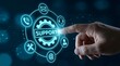 © Viskia - Extreme close up of a hand activating a glowing digital support hub with mechanical gear graphics and floating communication icons in a futuristic dark blue atmosphere.