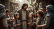 © tae - Compassionate Jesus Christ embracing and blessing young children on an ancient dusty street, reflecting a sacred biblical parable of divine love, kindness, and spiritual grace in a holy setting.
