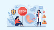 © Gen Max - Concerned female doctor talking to a sad pregnant woman about healthcare options near a stop sign and a human fetus developmental icon.