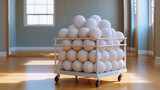 Volleyball cart in a bright indoor gymnasium, team training equipment, sports training complex setup