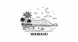 © Merah - Coastal mountain scene with palm trees, sailboats, and a crescent moon at night