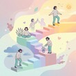 © Anat art - Figure Climbing a Staircase Symbolizing Mental Health and Wellness With Various Activities Promoting a Modern Lifestyle