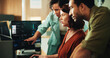 © peopleimages.com - Computer, coding and research with business people in office for programmer review, screen and project. Web developer, software engineer and tech workshop with employees for database and meeting